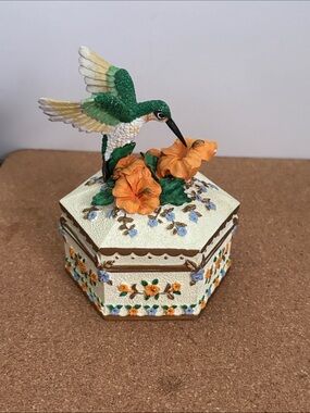 Hand-Painted Hummingbird Floral Trinket Box Musical 4.5”